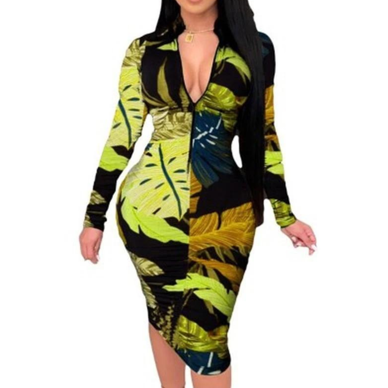 Women-Sexy-V-Neck-Zipper-Slim-Fit-Party-Dress-Summer-Spring-Vintage-Print-Short-Long-Sleeve.